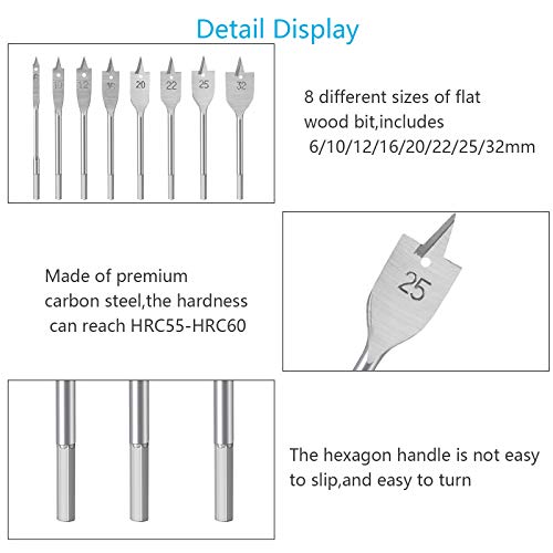 Taladro de Madera Plano CHALA 8PCS Juego de Brocas de Pala Set Broca Madera Plana para Madera Blanda y Dura 6/10/12/16/20/22/25 / 32mm
