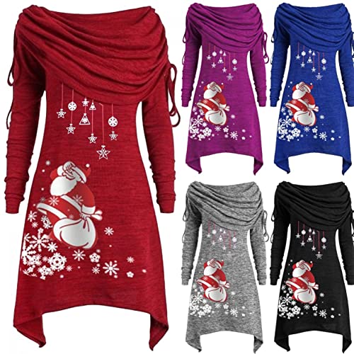 Talla Extra Sudadera Sin Capucha Mujer Largo Blusas Camiseta de Manga Larga Cuello Redondo Suelto Túnica Casual Basic Pull-Over Tops Color Sólido Túnica de Cuello Plegable riou