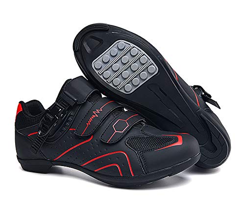 tangjiu Zapatillas de Ciclismo Antideslizantes, Zapatillas de Bicicleta de Carretera y Montaña de Fibra de Carbono Transpirables, Zapatillas Deportivas Asistidas con Tiras Reflectantes (Rojo,39)