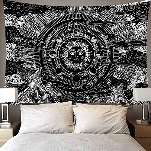 Tapiz de montaña tapiz de sol y luna para colgar en la pared, arte de pared en blanco y negro, hippie, espacio psicodélico, tela de fondo para pared A3 150x200cm
