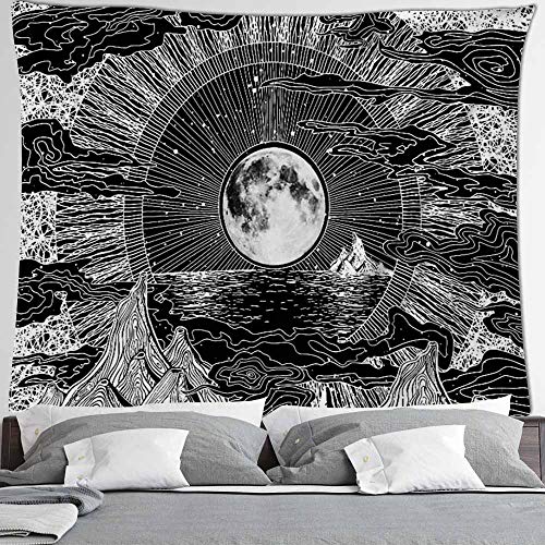 Tapiz de montaña tapiz de sol y luna para colgar en la pared, arte de pared en blanco y negro, hippie, espacio psicodélico, tela de fondo para pared A3 150x200cm