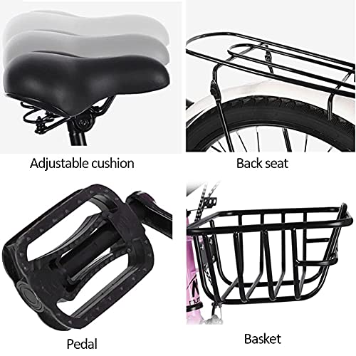 TBNB Bicicleta de Crucero para niñas de 16 a 22 Pulgadas con Canasta y Asiento Trasero, Bicicletas de Carretera para Exteriores para Adolescentes y niños, Rosa, Blanco, Beige (Rosa de 20 Pulgadas