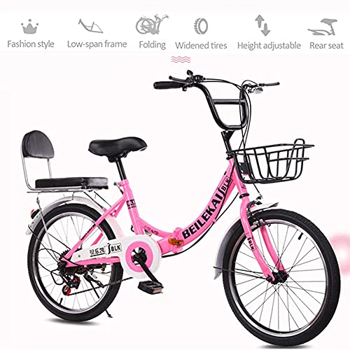 TBNB Bicicleta Plegable para niños de 20-24 Pulgadas, 7 velocidades, Bicicleta de Carretera portátil para Exteriores para niños y niñas, Adolescentes, con Asiento Trasero y Canasta (Rosa 24 pulga