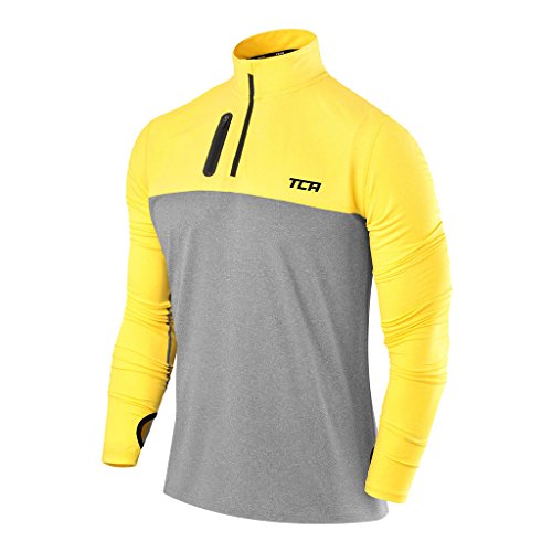 TCA Hombre y Niño Pro Performance Camiseta Compresión Termica para Raunning - Camiestas Deporte Manga Larga - Gris Oscuro/Amarillo, L