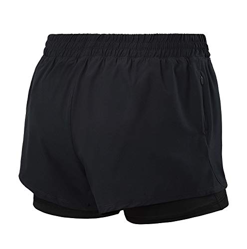 TCA Pantalones Cortos de Running Mujer 2 en 1 Pantalón Corto con Compresión Interna y Bolsillo con Cremallera - Negro, L