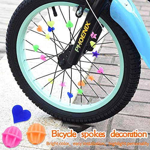 TEESIN 144 cuentas para radios de bicicleta, adornos de rueda de plástico, varios colores, cuentas redondas, corazón y estrella para niños, accesorios de bicicletas