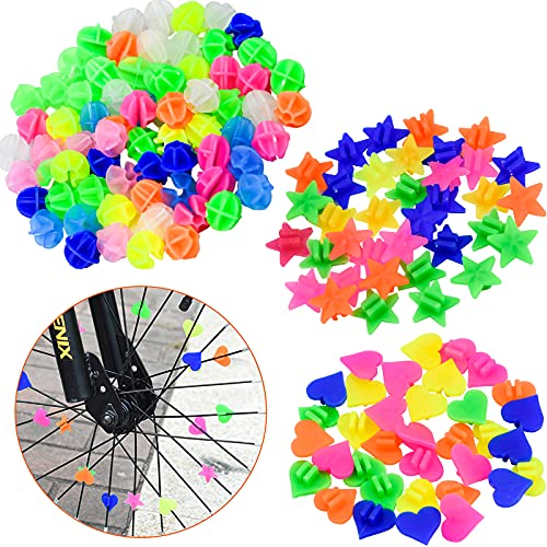 TEESIN 144 cuentas para radios de bicicleta, adornos de rueda de plástico, varios colores, cuentas redondas, corazón y estrella para niños, accesorios de bicicletas