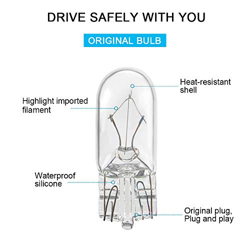 Teguangmei 10 X T10 W5W Bombilla Xenón Halógena de Blanco Cálido 194 168 501 Iluminación Interior de Cuña Lámpara de Matrícula DRL Luz Antiniebla Bombilla de Freno DC 12V 5W