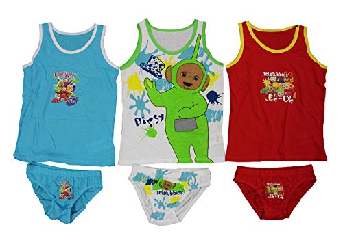 Teletubbies Tinky-Winky, Dipsy, Laa-Laa, Po 6 uds. Conjunto de ropa interior 100% algodón, compuesto por camisa y bragas en los colores rojo, blanco y azul, para niños (122)