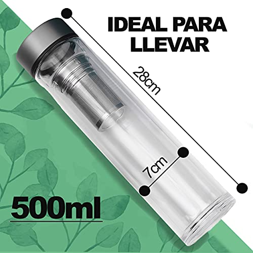 Termo Para Te de Cristal con Filtro Infusor de Acero Inoxidable - Con Funda de Fieltro - 500ml - Apto para Lavavajillas