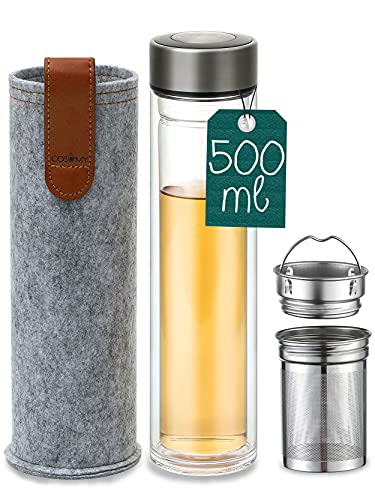 Termo Para Te de Cristal con Filtro Infusor de Acero Inoxidable - Con Funda de Fieltro - 500ml - Apto para Lavavajillas