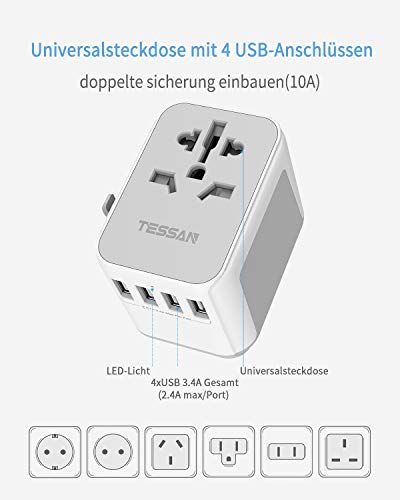 TESSAN Adaptador Enchufe de Viaje Universal, Internacional Adaptador Enchufes con 4 USB, Cargador Universal para EU, Reino Unido, Americano, Canadá, Australia y Otros países