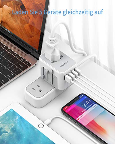 TESSAN Adaptador Enchufe de Viaje Universal, Internacional Adaptador Enchufes con 4 USB, Cargador Universal para EU, Reino Unido, Americano, Canadá, Australia y Otros países