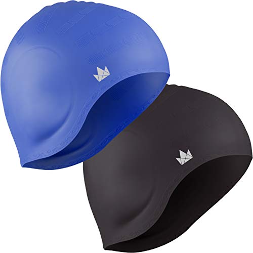 The Friendly Swede Pack de 2 Gorros de Natación de Silicona para Nadadores con Pelo Largo - GARANTÍA DE por Vida (Negro + Azul)