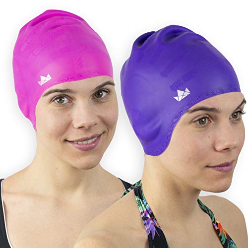 The Friendly Swede Pack de 2 Gorros de Natación de Silicona para Nadadores con Pelo Largo - GARANTÍA DE por Vida (Rosa + Violet)