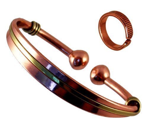 The Online Bazaar Magnético Cobre & Latón Rígido Brazalete para Hombres y Mujeres y Grabado en Líneas Magnético Cobre Anillo Combi Set de Regalo - Small ring size : 16-18mm