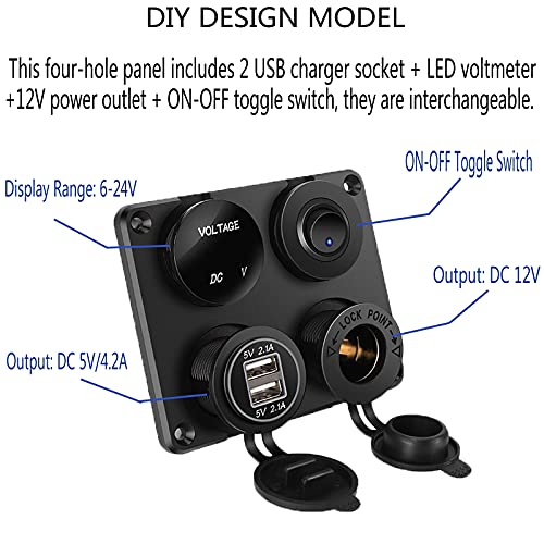 Thlevel Panel de Enchufes 4 en 1, con Doble Cargador USB y Voltímetro de LED y Encendedor de Cigarrillos y LED Azul Interruptor