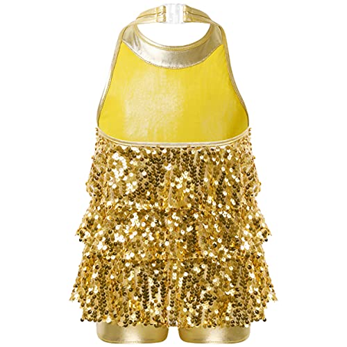 TiaoBug Niñas Vestido de Danza de Latina Jazz Hip Hop Vestido de Baile de Lentejuelas para Niñas Chicas Traje de Vestido de Baile Brillante 5-14 Años Dorado 7-8 años