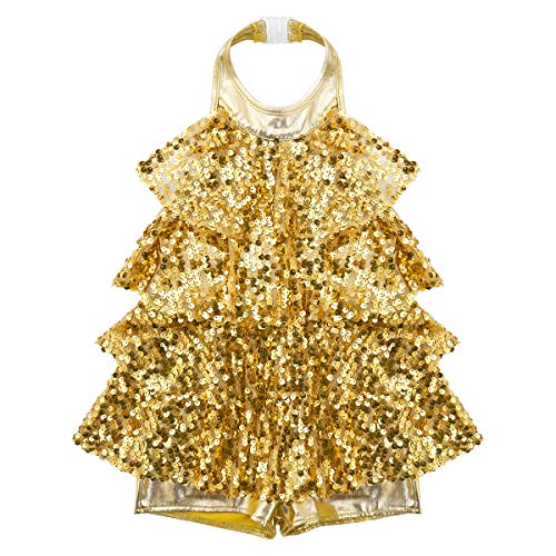 TiaoBug Niñas Vestido de Danza de Latina Jazz Hip Hop Vestido de Baile de Lentejuelas para Niñas Chicas Traje de Vestido de Baile Brillante 5-14 Años Dorado 7-8 años