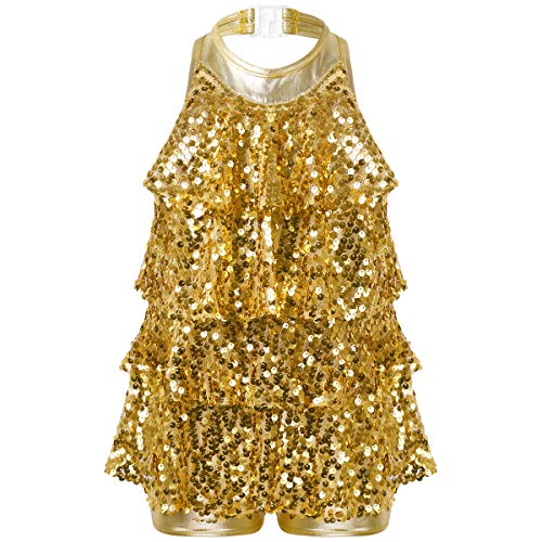 TiaoBug Niñas Vestido de Danza de Latina Jazz Hip Hop Vestido de Baile de Lentejuelas para Niñas Chicas Traje de Vestido de Baile Brillante 5-14 Años Dorado 7-8 años