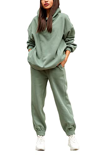 ticticlily Conjunto Deportivo Mujer Chándal Completo Invierno Fitness Sudaderas y Pantalons 2 Piezas Trajes Ropa Deportiva Color Sólido Casual Loungewear Sportswear B Verde XXL