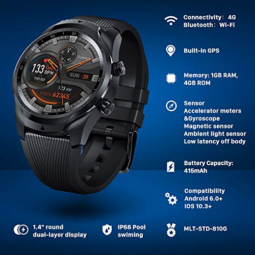 TicWatch Pro 4G / LTE Smartwatch PRO, 1G RAM 4GB Memoria, Monitoreo del sueño, Ejercicio y estado físico, Relojes deportivos, GPS integrado, NFC Google Pay