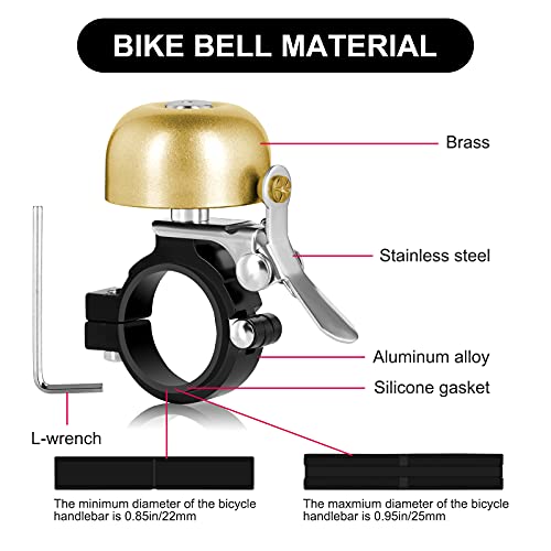 Timbre de Bicicleta,Campanade Bicicleta clásico de latón con Sonido Fuerte y nítido, bocinas de Bicicleta para niños Adultos, Accesorios de Ciclismo para la mayoría de Bicicletas(Dorado)