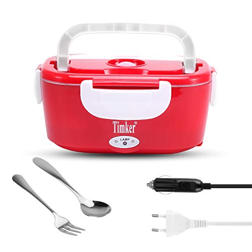 Timker 12V 24V 220V Fiambrera Electrica 3 in 1 para Coche/Camión y Trabajo Termo Comida 40W con Dos Compartimentos Bandeja Extraíble de Acero 304 Inoxidable Portátil 1.5L-304 Tenedor y Cuchara