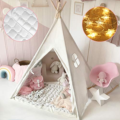 Tiny Land Tipi Infantil Tipi Tienda Tipi Indio para Niños con colchoneta Acolchada & Luces & Estuche de Transporte- Tienda Campaña Portátil Tienda Casa de Juegos para Interiores para Niños Niñas