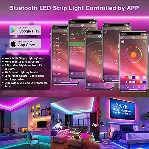 Tiras de LED Bluetooth 20M/65.6Ft 12V con control de aplicaciones, ALED LIGHT Music Sync Bright 5050 Tiras de luces RGB de cambio,control remoto IR y caja de control