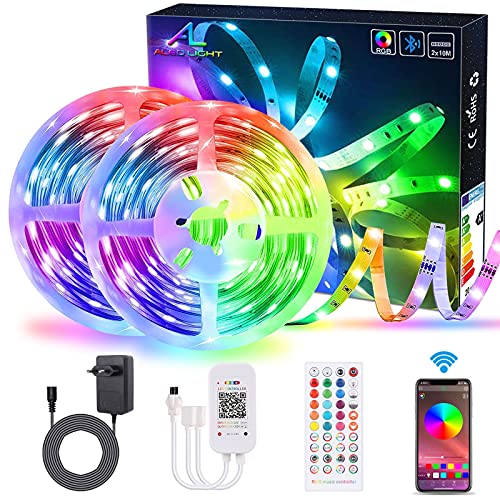 Tiras de LED Bluetooth 20M/65.6Ft 12V con control de aplicaciones, ALED LIGHT Music Sync Bright 5050 Tiras de luces RGB de cambio,control remoto IR y caja de control