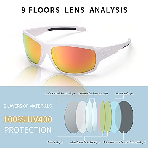 TJUTR Gafas de sol polarizadas deportivas para hombres y mujeres Ciclismo Correr Moda Espejo Lente Protección UV400 (Marco Blanco/Lente de Espejo Rojo)