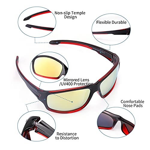 TJUTR Gafas de sol polarizadas deportivas para hombres y mujeres Ciclismo Correr Moda Espejo Lente Protección UV400 (Marco Rojo/Lente de Espejo Dorado)