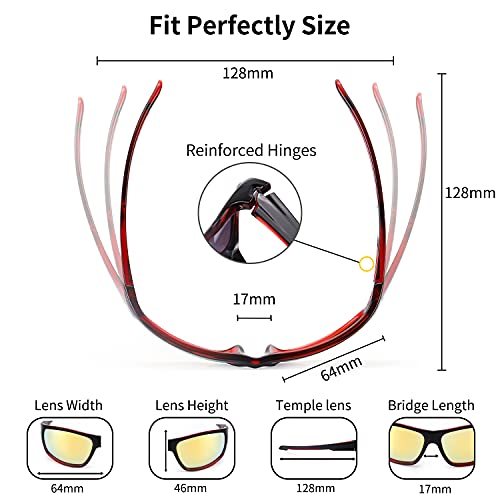 TJUTR Gafas de sol polarizadas deportivas para hombres y mujeres Ciclismo Correr Moda Espejo Lente Protección UV400 (Marco Rojo/Lente de Espejo Dorado)