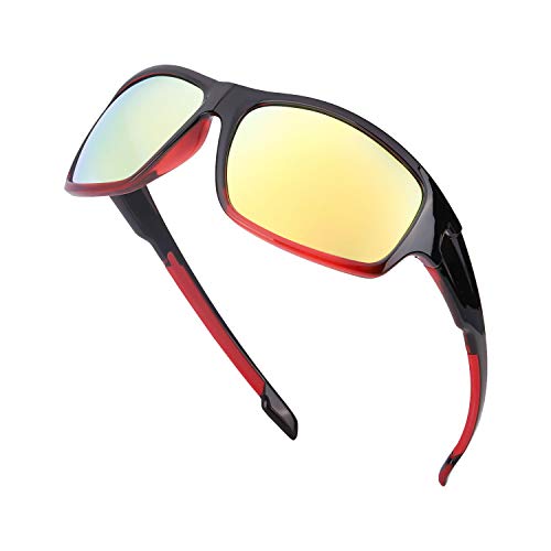 TJUTR Gafas de sol polarizadas deportivas para hombres y mujeres Ciclismo Correr Moda Espejo Lente Protección UV400 (Marco Rojo/Lente de Espejo Dorado)