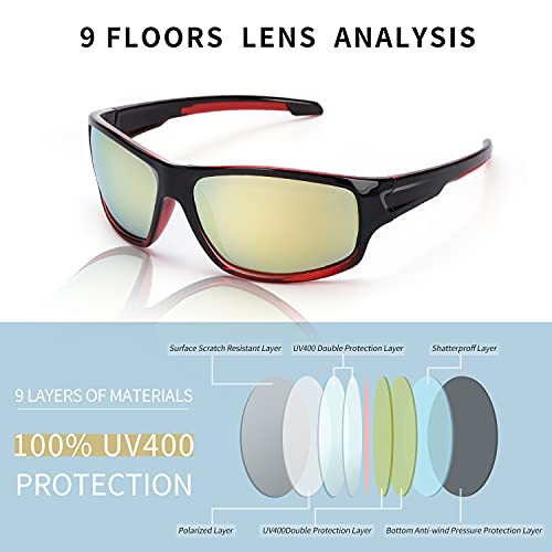 TJUTR Gafas de sol polarizadas deportivas para hombres y mujeres Ciclismo Correr Moda Espejo Lente Protección UV400 (Marco Rojo/Lente de Espejo Dorado)