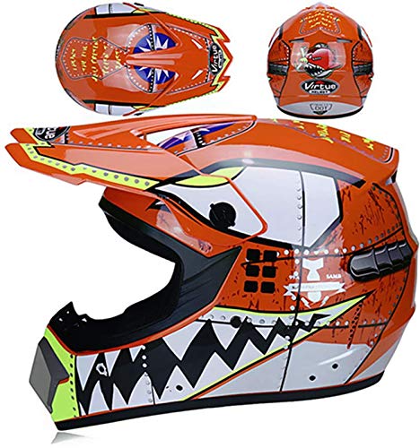 TKUI Casco de Motocross MX para niños Casco de Motocicleta ATV Casco de tiburón Multicolor Certificado D.O.T con Guantes, Casco de Motocross para niños Conjunto de Casco Integral ATV (Naranja, S)