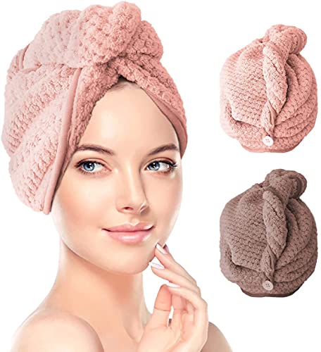 Toallas para Secar el Pelo, Toalla Turbante para el Pelo, Cabello Turbante de Secado rápido Coral Fleece con Botón del Abrigo, para en EUR Ducha, SPA, Maquillaje (2-Pack)