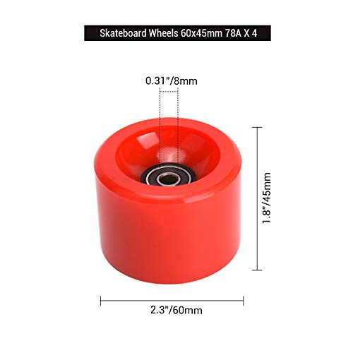 TOBWOLF 4 ruedas de monopatín de 60 mm 78 A, ruedas de skate de calle con rodamientos ABEC 9 y espaciador, ruedas de longboard para calle, parque - rojo