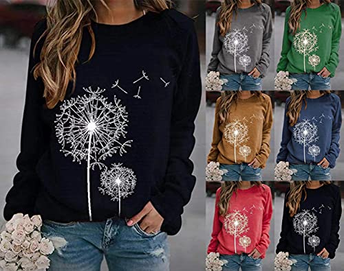 Tomwell Camiseta Manga Larga Suelto Mujer Sudadera Impresión de Diente de León Cuello Redondo Casual Camisa Top Shirt Blusas Pullover Hoodie para Primavera Otoño y Invierno A Negro L