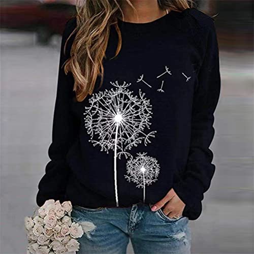 Tomwell Camiseta Manga Larga Suelto Mujer Sudadera Impresión de Diente de León Cuello Redondo Casual Camisa Top Shirt Blusas Pullover Hoodie para Primavera Otoño y Invierno A Negro L