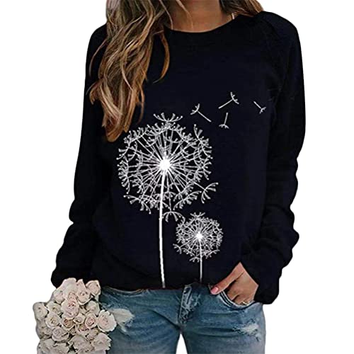 Tomwell Camiseta Manga Larga Suelto Mujer Sudadera Impresión de Diente de León Cuello Redondo Casual Camisa Top Shirt Blusas Pullover Hoodie para Primavera Otoño y Invierno A Negro L