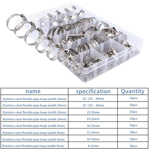 Tonsooze Abrazadera de Manguera Abrazaderas Metalicas,80pcs abrazadera de clip de manguera 8-44mm ajustable Manguera de Acero Inoxidable para Fijación Tubería A