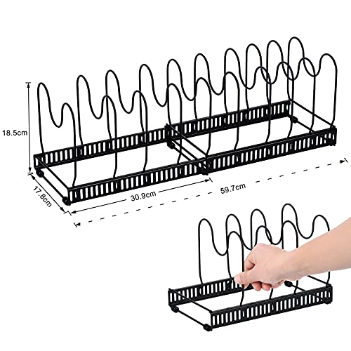 Toplife Organizador de Sartenes y Ollas,Soporte Sartenes de Tamaño Ajustable,Estante de Sartenes con 10 Compartimientos para Almacenar Tapas de Ollos,Platos