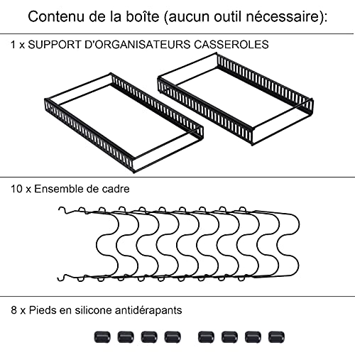 Toplife Organizador de Sartenes y Ollas,Soporte Sartenes de Tamaño Ajustable,Estante de Sartenes con 10 Compartimientos para Almacenar Tapas de Ollos,Platos