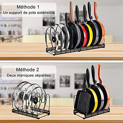 Toplife Organizador de Sartenes y Ollas,Soporte Sartenes de Tamaño Ajustable,Estante de Sartenes con 10 Compartimientos para Almacenar Tapas de Ollos,Platos