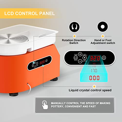 TOPQSC Rueda de Cerámica Eléctrica,25cm,Táctil LCD,350W,Máquina de Ruedas de Cerámica,Máquina Formadora de Arcilla, Herramientas para Manualidades con Pedal, Fregadero ABS Desmontable(naranja)