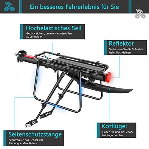 toptrek Portaequipajes para bicicleta de montaña de aluminio con guardabarros y reflector, montaje rápido y cierre rápido, parte trasera ajustable para bicicleta de montaña de 24 a 29 pulgadas