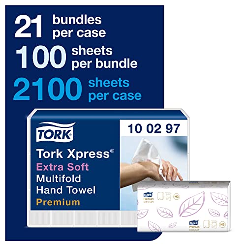 Tork 100297 Xpress Extra Soft Hand Paper Towels H2 / Soft Absorbent Multifold Hand Towels Premium / Mfold Compatible with Tork H2 System / 21 x 100 Sheets (34 x 21 cm)