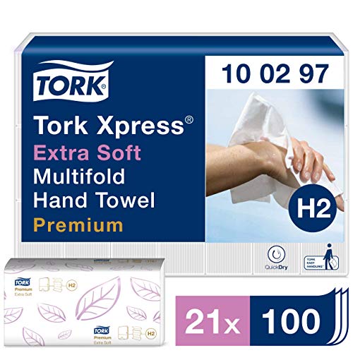 Tork 100297 Xpress Extra Soft Hand Paper Towels H2 / Soft Absorbent Multifold Hand Towels Premium / Mfold Compatible with Tork H2 System / 21 x 100 Sheets (34 x 21 cm)